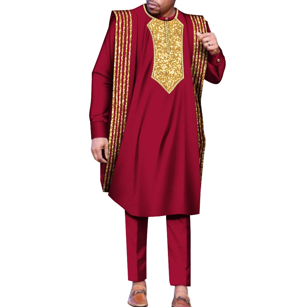 2025 European and American Men's Robe Suit - A Three-piece Wedding Outfit Consisting of A National-style Top and Trousers