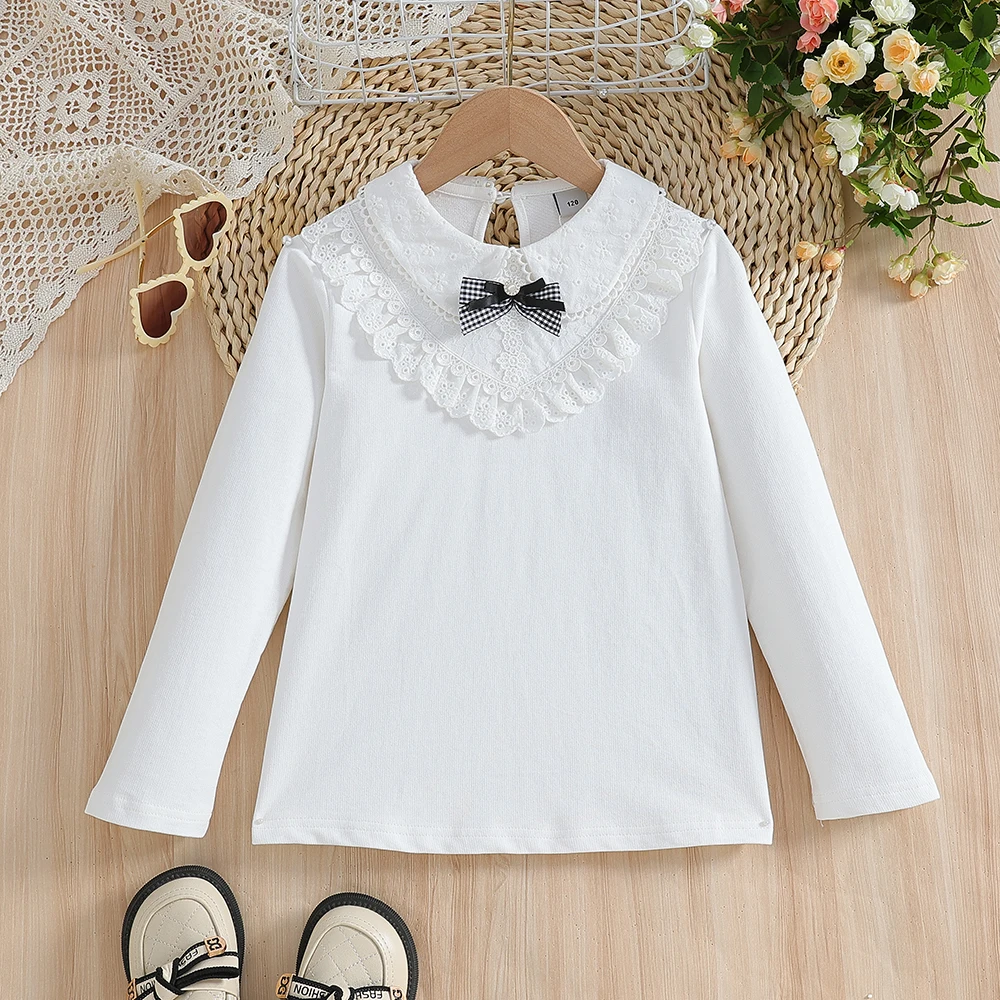 

Kids White Long Sleeve Shirt Lace Collar Bow 5-12Y Girls Spring Autumn Blouse Children Clothes