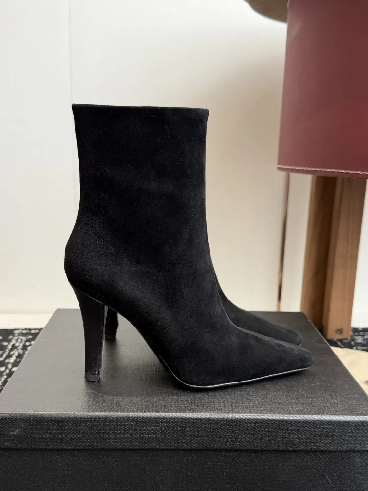 Elegant Women Office Work High Thin Heels Genuine Leather Ankle Boots High Top Square Toe Ladies Modern Shoes Sexy Party Boots