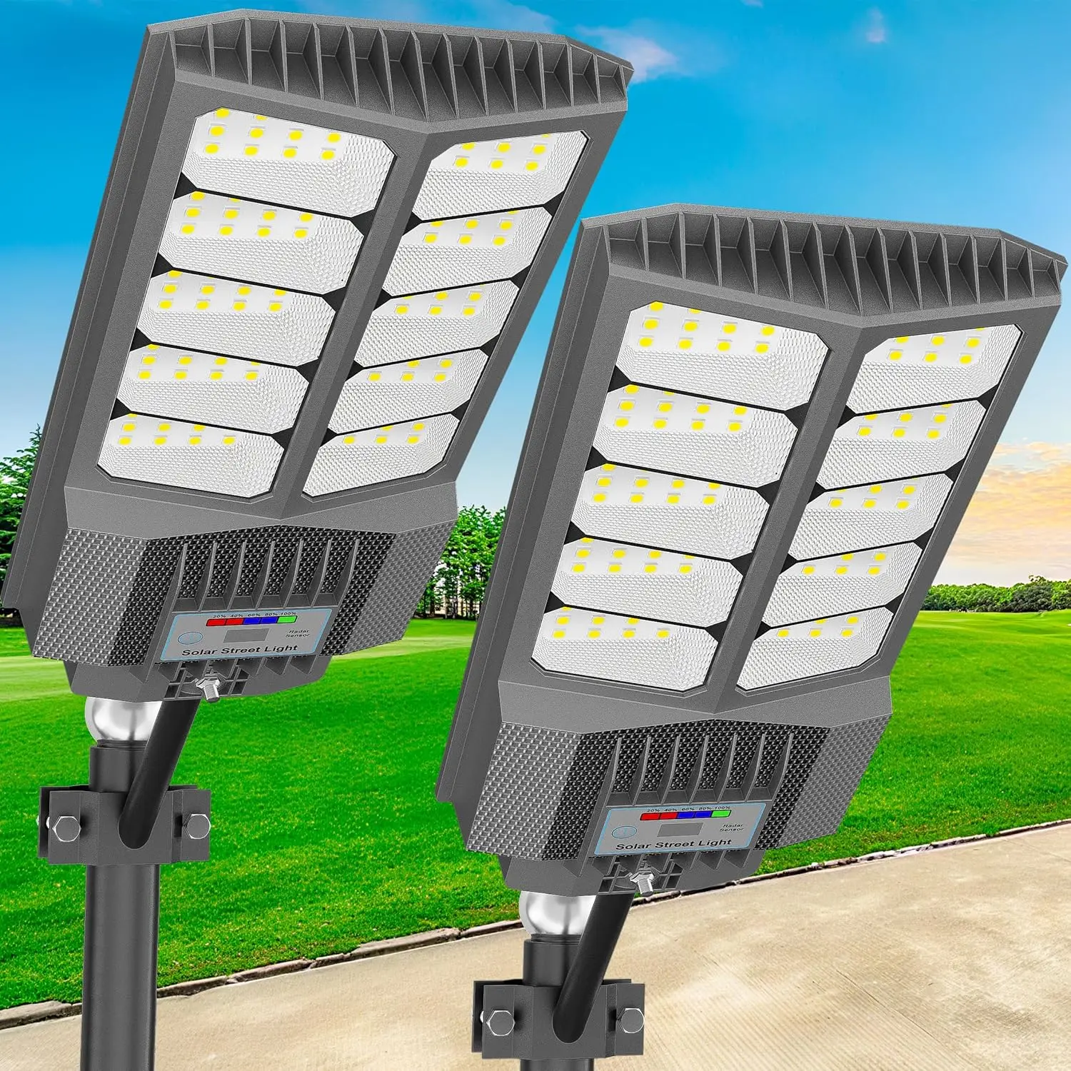 

Solar Street Light with Pole Mount, Dusk-to-Dawn Outdoor LED, 300000 LM, IP67 Waterproof, Adjustable Modes for Yard and Parking