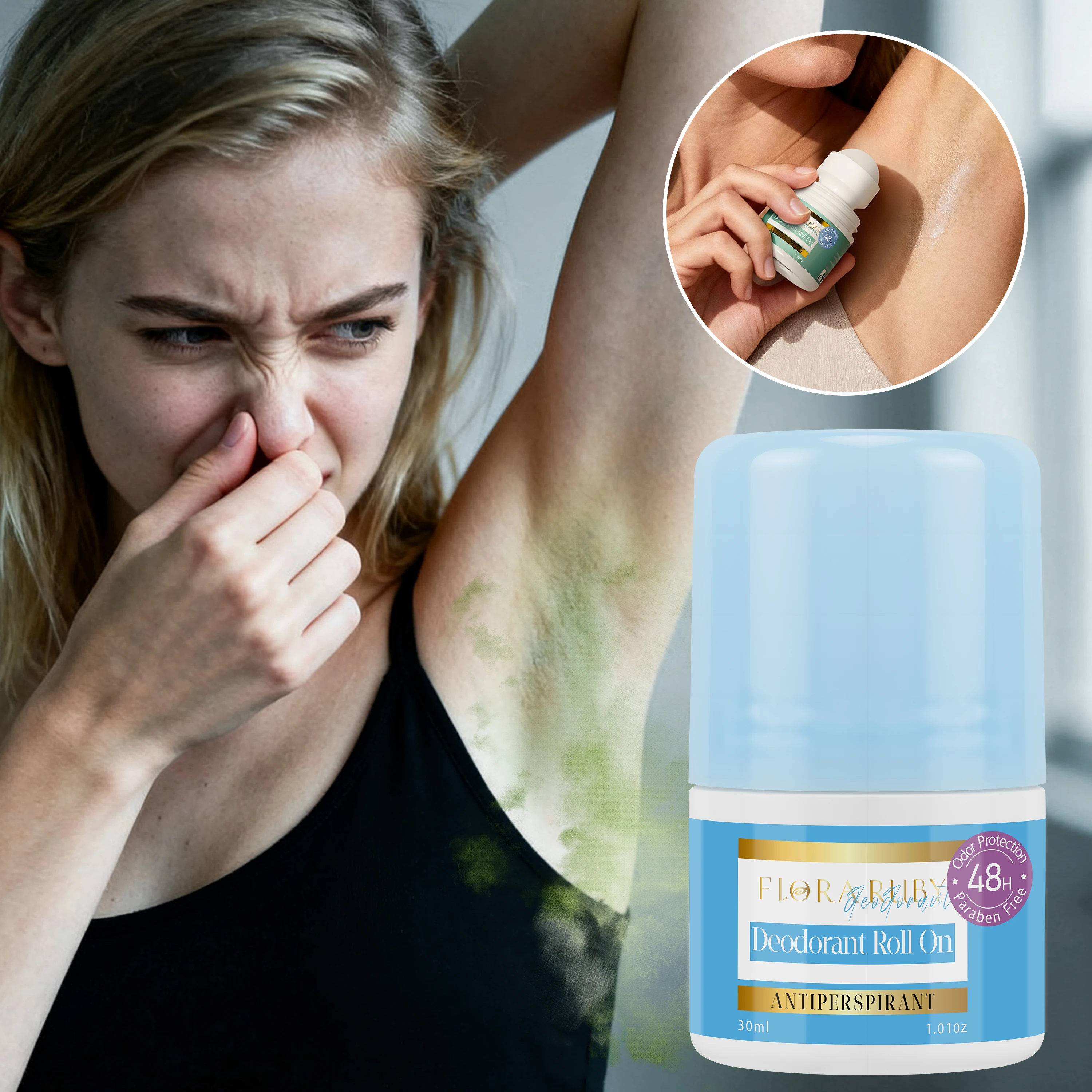 Flora Ruby 30ml/1.01fl.oz Desodorante antitranspirante Roll On 48 horas de fragancia persistente Acondicionado Aplicación para todo el cuerpo