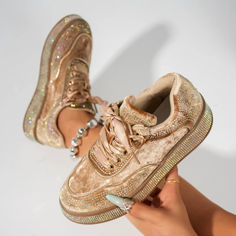 High-top Round-toe Lace-up Sequined Multi-color Versatile Comfortable Anti-slip Breathable Sports Casual Women's Single Shoe