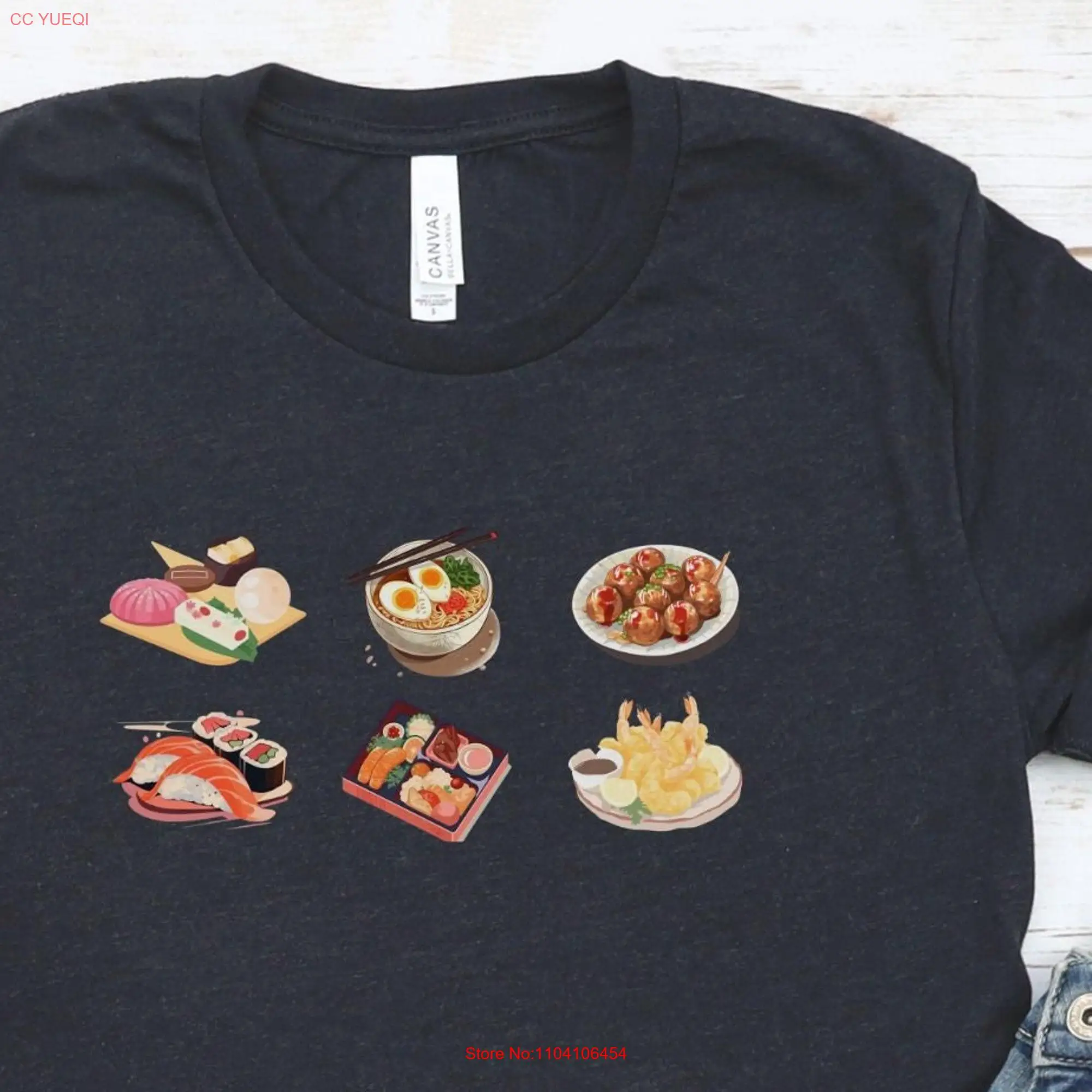 Japanese Foods T Shirt features Rice Cakes Ramen Takoyaki Sushi Bento Box and Tempura for Food Lover or Foodie Kawaii