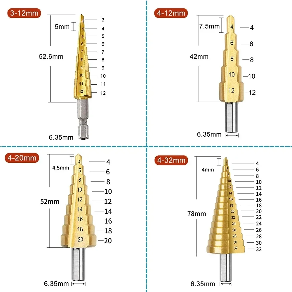 Straight Groove Step Drill Bit HSS Titanium Coated Wood Metal Hole Cutter Core Drilling Tools Set 4 Models 3-12 4-12 4-20 4-32