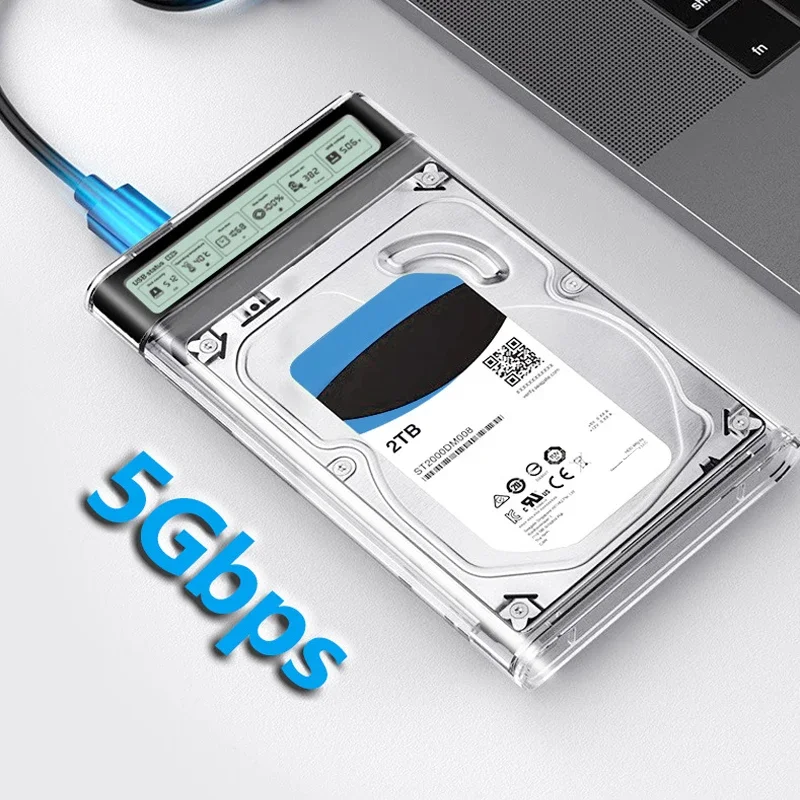 2.5'' HDD SSD Case Smart Display External HDD Shell USB3.2 Gen2 Enclosure Hard Drive Clear Portable Storage Case for Laptop PC