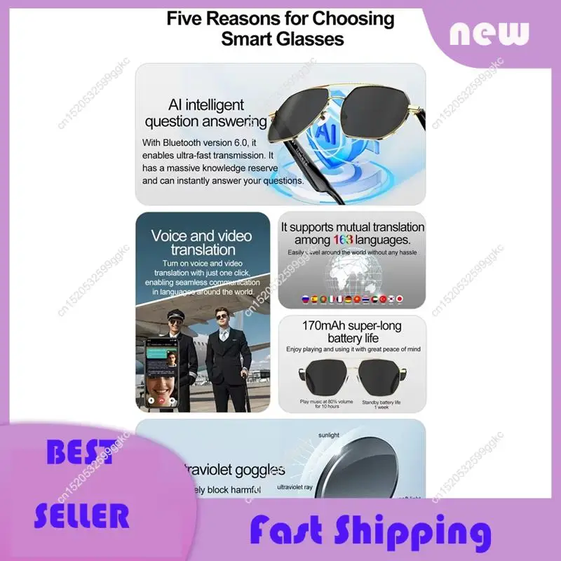 Necessary W100C AI Smart Translation Glasses Multilingual Voice Translator Eyeglass With BT Call Music Function Sunglasses UNISE