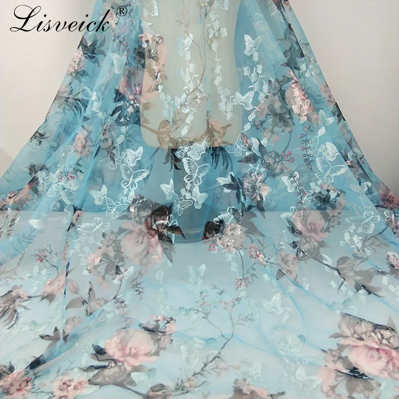 

1 ярд, сетчатая пряжа «сделай сам», сетчатая кружевная ткань с цветочной вышивкой и бабочкой, сетчатая ткань для платья, вышитая ткань, французская кружевная ткань с принтом