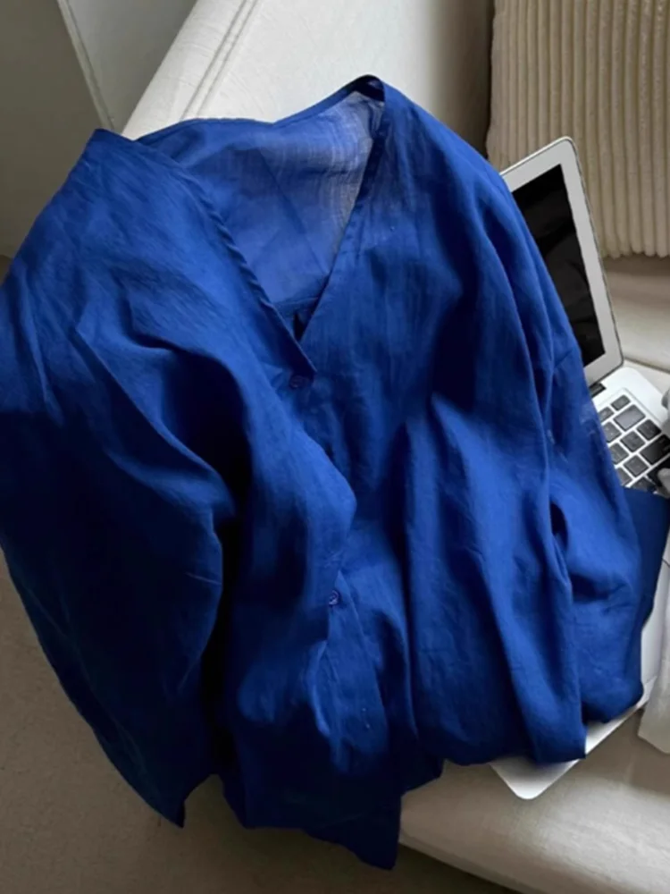 Luźny lniany długi sweter damski wiosna lato dekolt w serek bawełna len ochrona przed słońcem otwarty kardigan wczesna jesień top