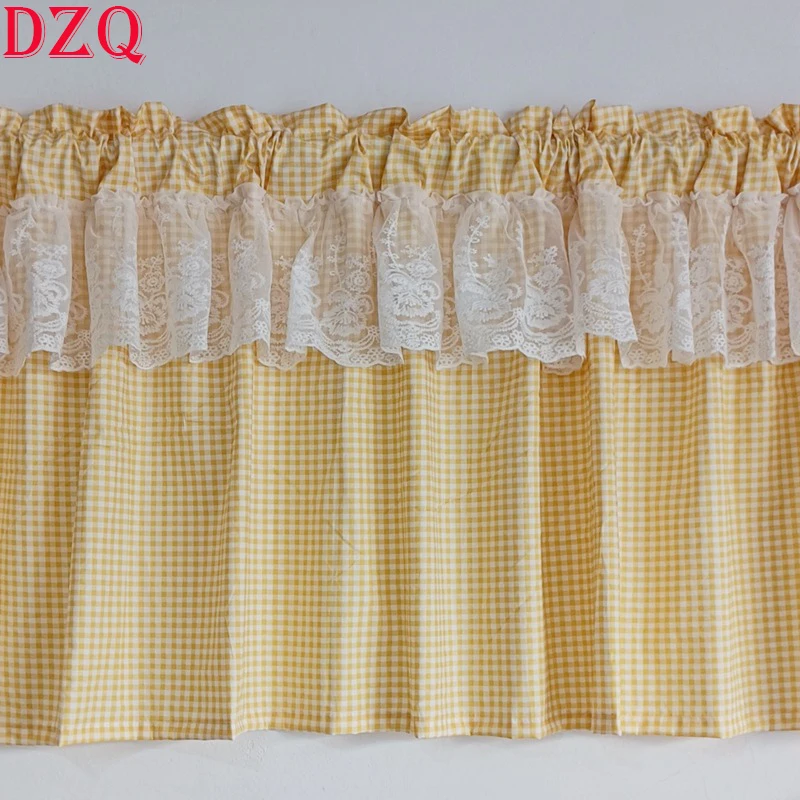 

South Korea Yellow Plaid Short Curtains for Kitchen Japanese Top Lace Half Curtain Coffee Valance #A604