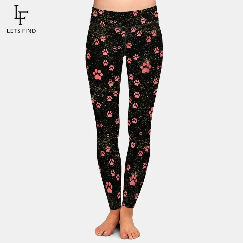Brands Fashion High Waist Women Black Leggings Dog Paw Pattern Casual Milk Silk Leggings Hot Sale