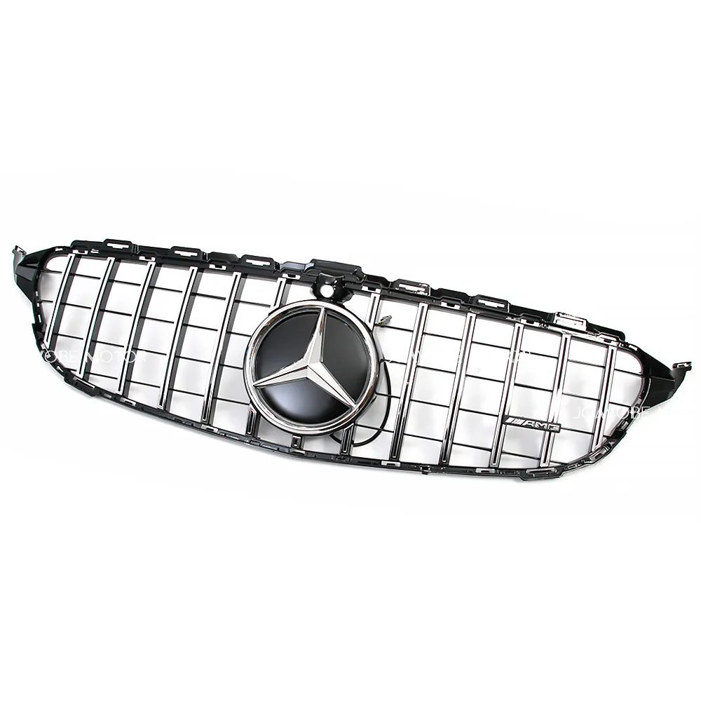 شبكة أمامية فضية على طراز GTR مع شعار مرآة LED فضي لسيارة Mercedes Benz C-Class W205 S205 C205 A205 2015-2018 W/360