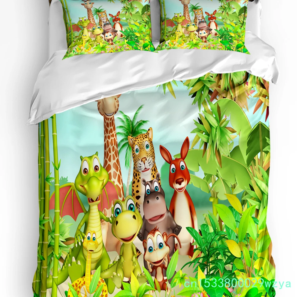Nursery Bedding Set Comforter Duvet Cover Pillow Shams Funny Playful Jungle Animals Wildlife Mammal Bedding Cover Double Bed Set