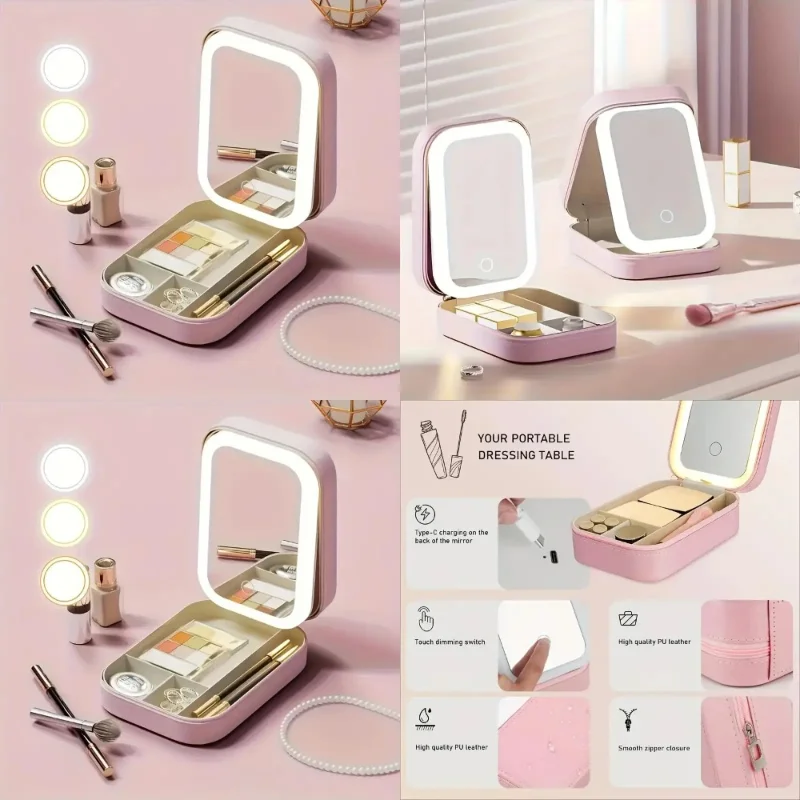 Draagbare LED-make-upspiegel met 10x vergroting, USB oplaadbaar, aanraakbediening, verstelbaar licht, roze kunstleer, opvouwbare tra
