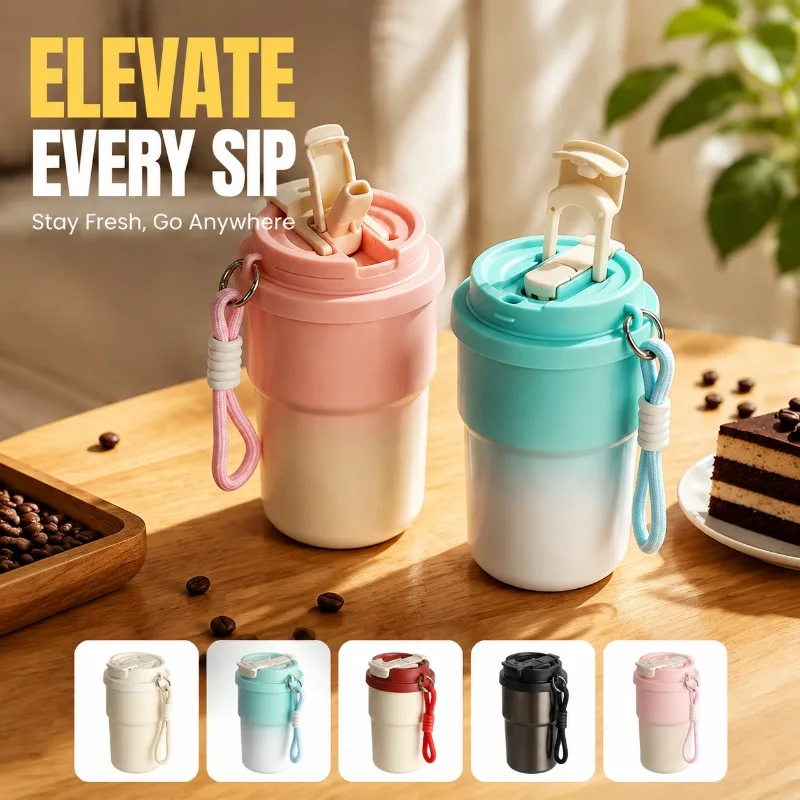 New‑arrival Premium 316 Stainless Steel Vacuum Tumbler with Carrying Lanyard Dual‑use One‑lid Design Portable Travel Coffee Mug