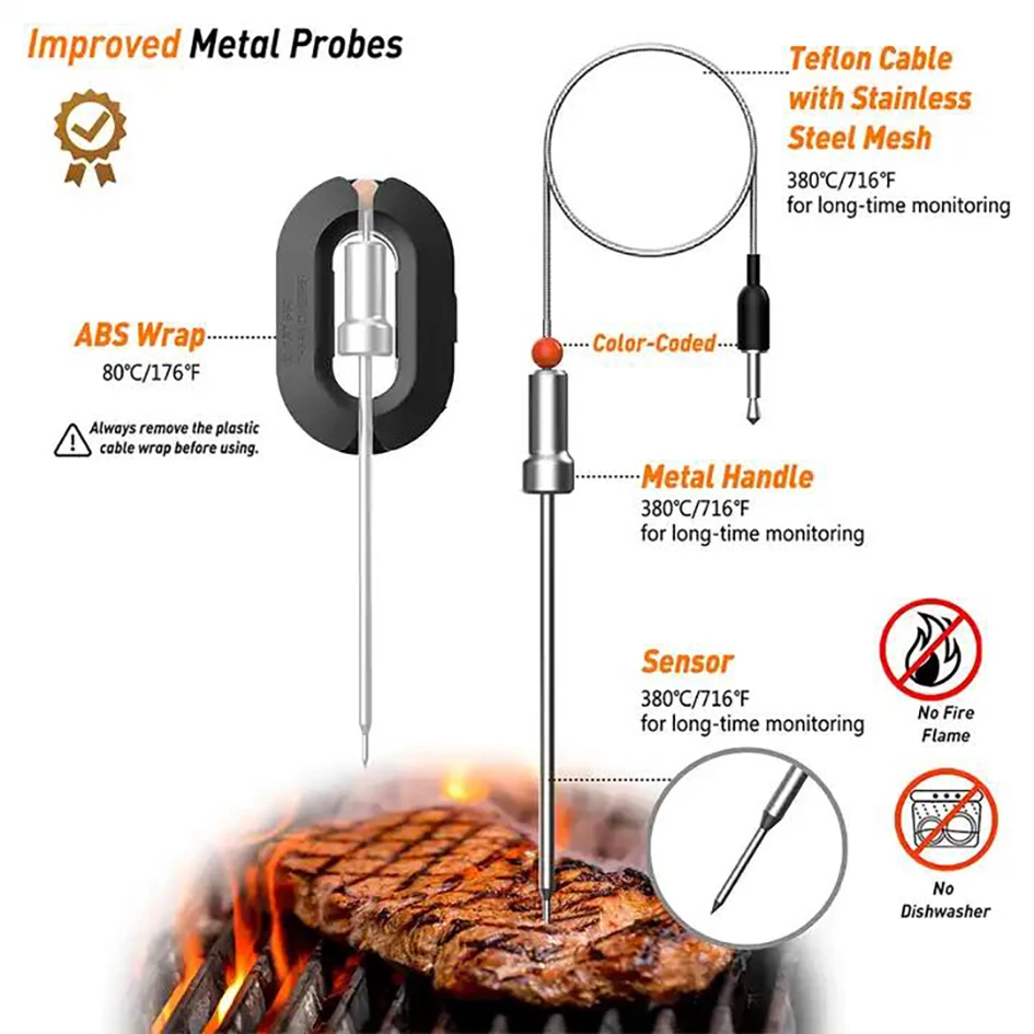 Termómetro de carne inalámbrico con Bluetooth, dispositivo con control remoto, sonda para ahumar, hornear, horno, asar