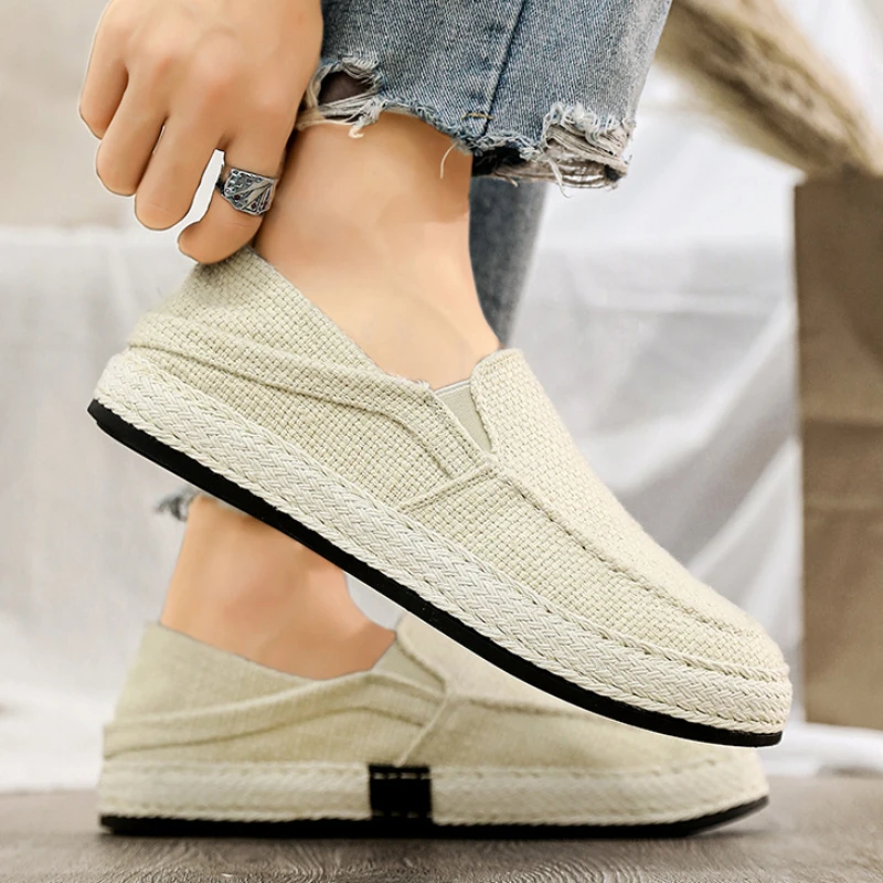 2024 New Men\'s Casual Shoes Summer Loafers Linen Breathable Walking Shoe Classic Flat Lazy Shoes for Men Weaving Tenis Masculino