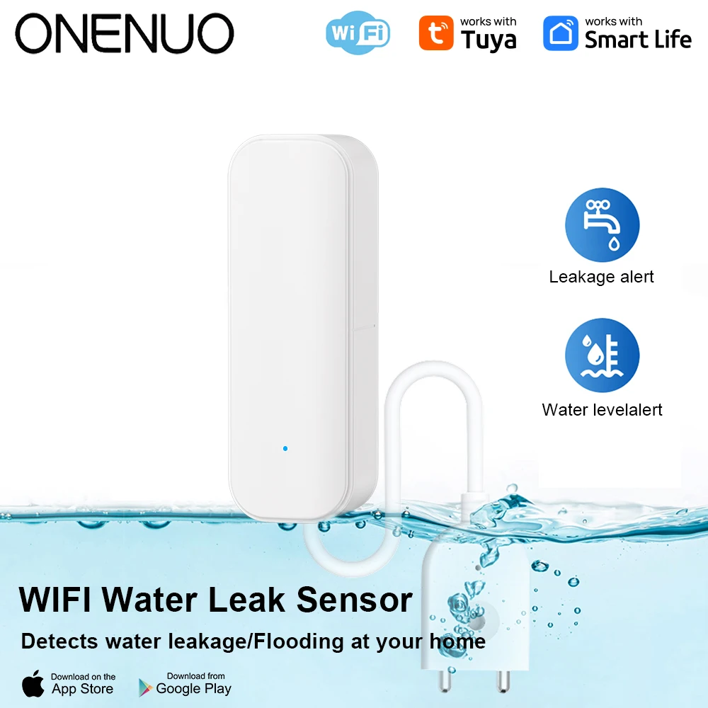 ONENUO Tuya Smart Flood Leakage Sensor Remote Monitor WiFi Water Overflow Level Detector Water Leak Sensor Alarm Security