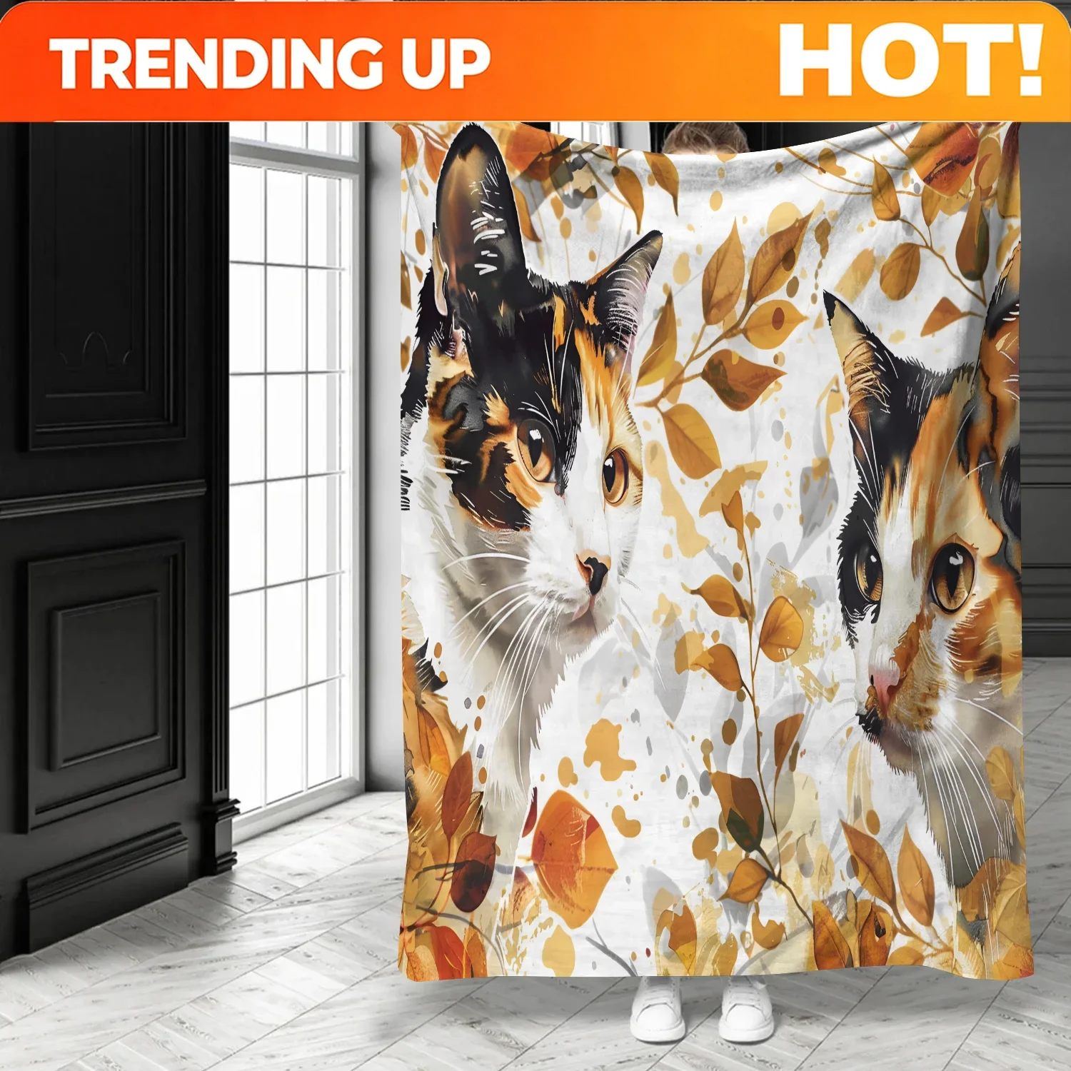 Customization Calico Cat Print Flannel Blanket, Soft Polyester Throw, Rustic Home Kitchen Bedding, All-Season, Mixed Colors, 200