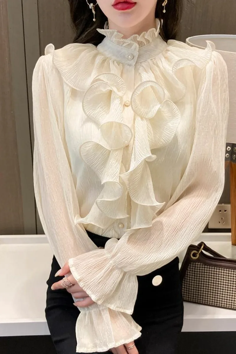 Satin Women\'s Shirts New Silk Solid Vintage Blouses Loose Spring/Summer O-Neck Ladies Clothing Long Sleeves RUFFLES Tops