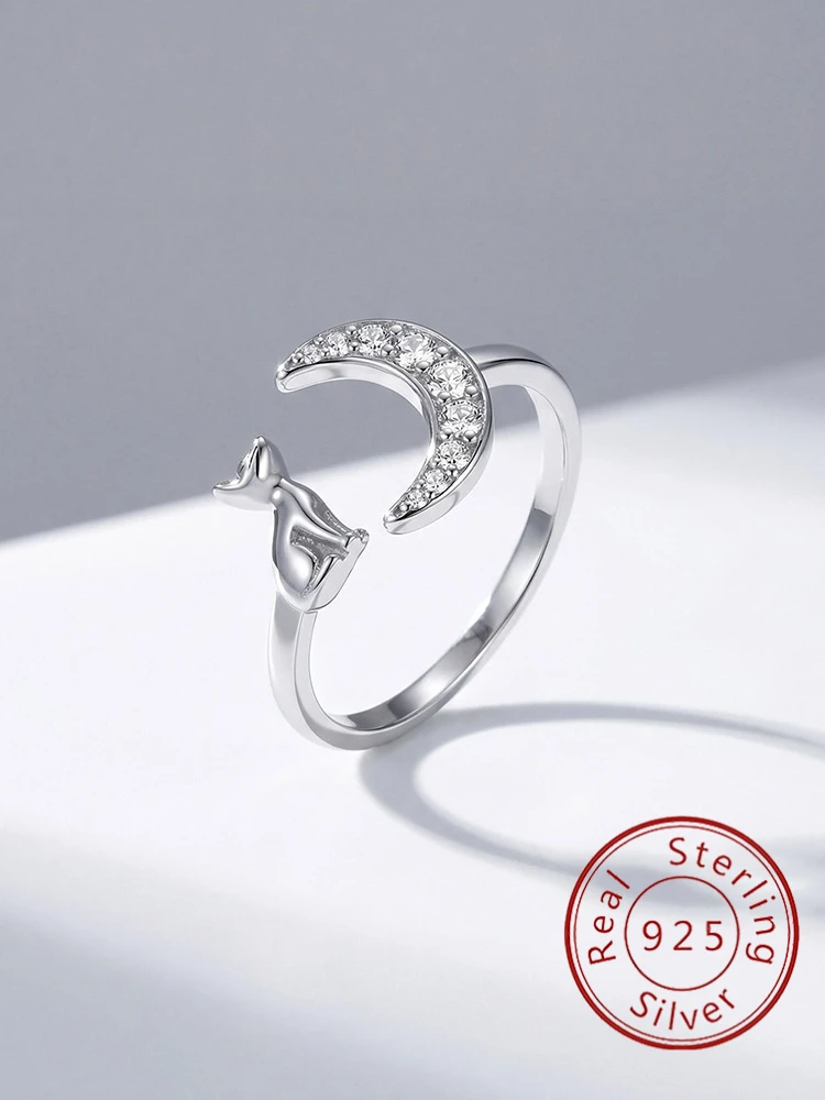 925 Sterling Silver Fashion Moon Cat Adjustable Ring For Women Engagement Anniversary Daily Wear High Quality Fine Jewelry