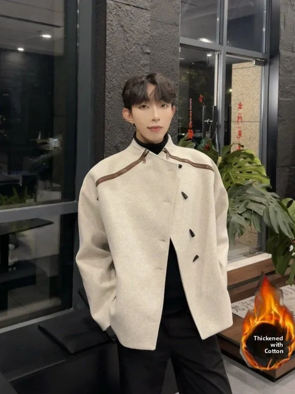 

Мужская шерстяная куртка в стиле ретро с воротником-стойкой, повседневная теплая верхняя одежда для пар, зимняя модная свободная посадка из полиэфирного волокна