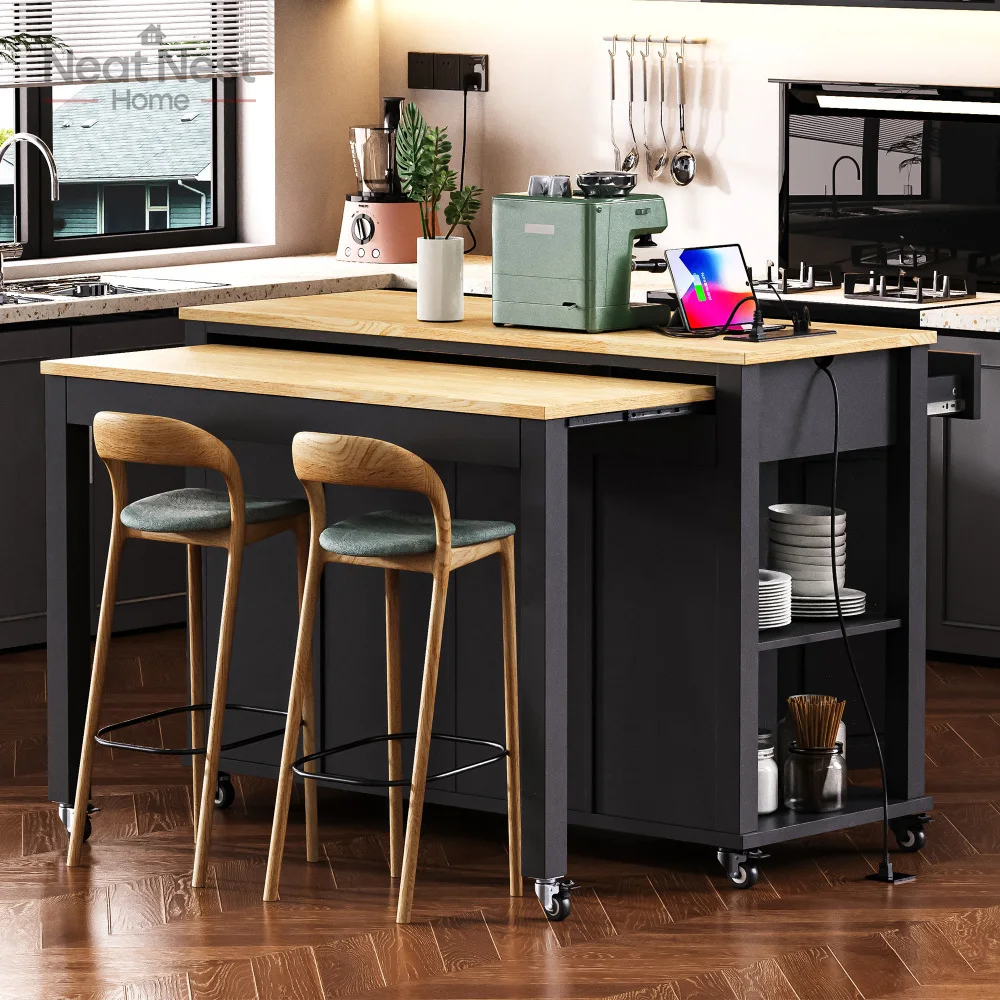 

47 inch Kitchen Island with Extendable Dining Table, Rubber Wood Veneer Kitchen Table with Internal Storage Rack, kitchen island