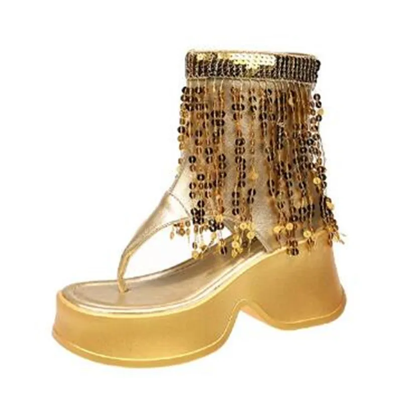 Summer Women Thick Soled Shoes Trend Roman Wedge Lady Cool Boots Sequin Tassel Flip Flops High Heels Slides Women Ankle Boots