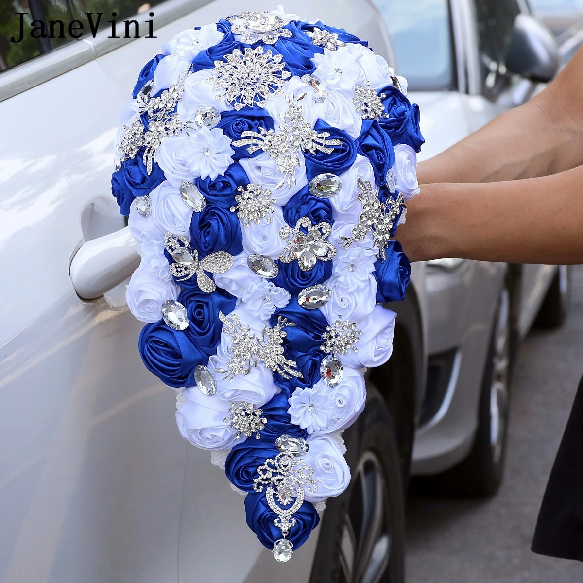 JaneVini New Silver Jewelry Cascading Bridal Bouquet Waterfall Wedding Bouquet Luxury Beaded Crystal Royal Blue and White Flower