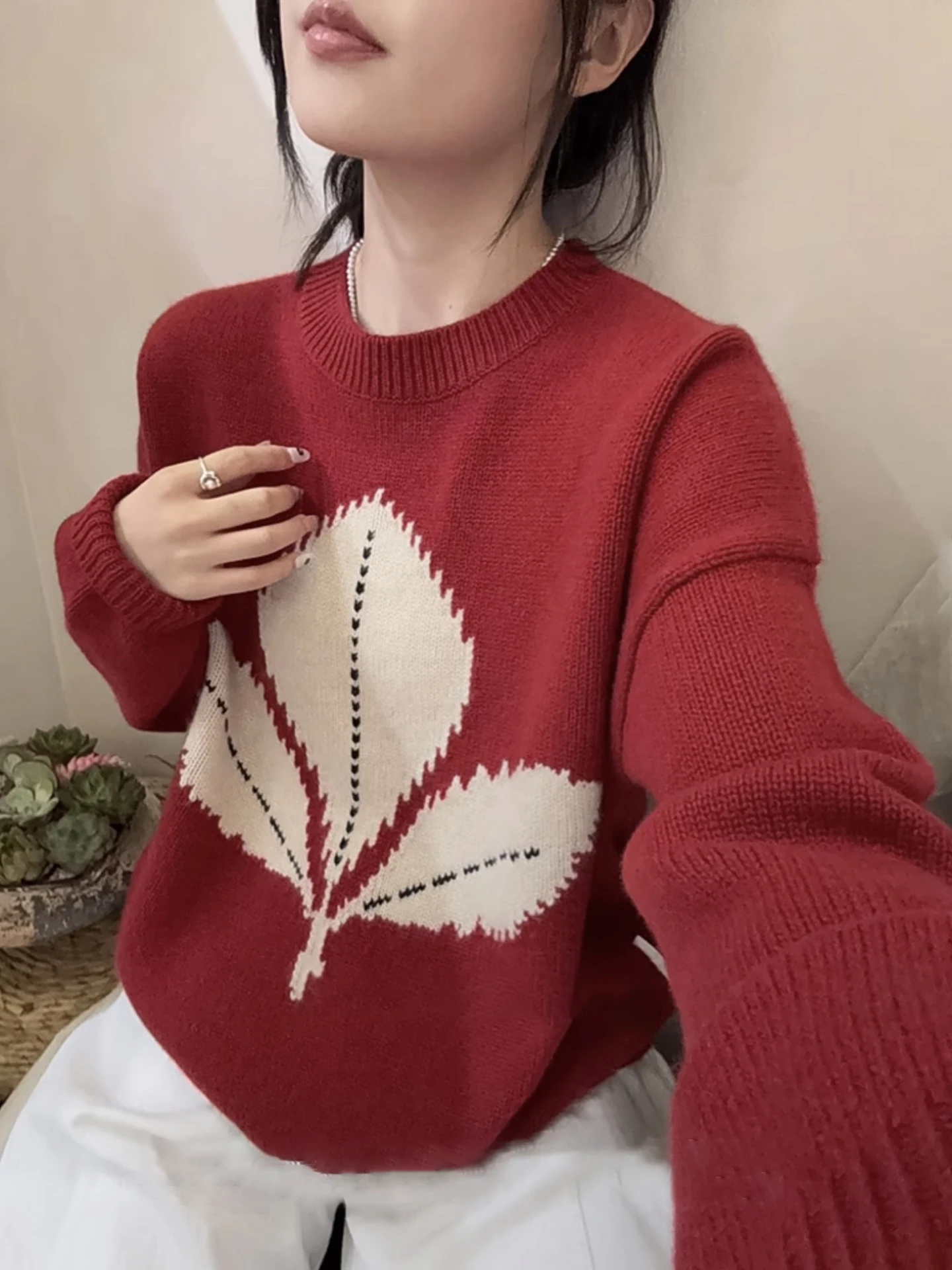 المرأة 100% ميرينو الصوف س الرقبة قاعدة متماسكة سترة ورقة الجاكار البلوز الدافئة الجلد ودية قمة المألوف الخريف الشتاء الملابس