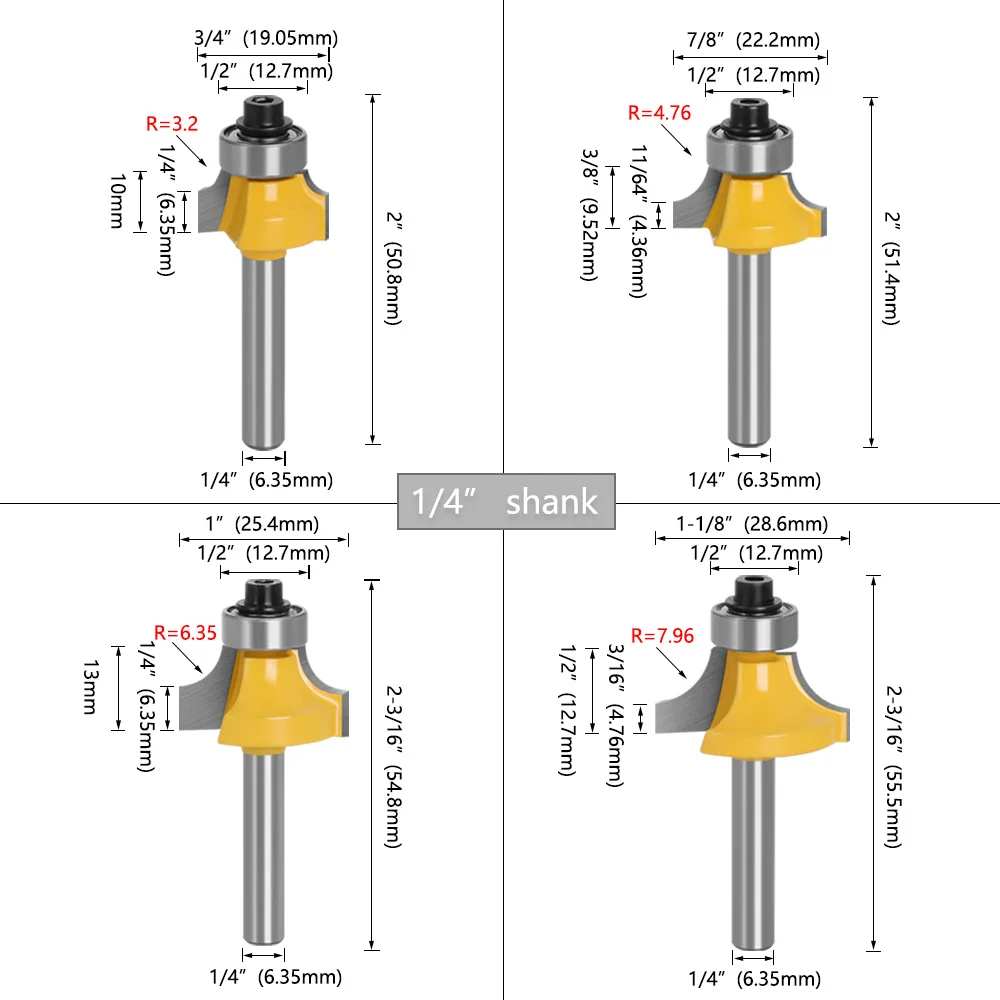 LAVIE Fräser-Set, 4 Stück, zum Abrunden von Kanten, 1/4" und 6 mm Schaft, zum Glätten scharfer Holzkanten und zum Erzeugen konvexer Radiuskanten. – Detail 16