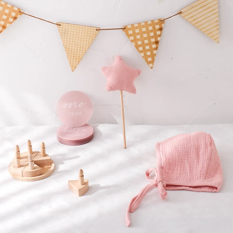 Baby Acrylic Memorial Monthly Milestone Cards Set Cotton Star Wooden Magic Stick Newborn Hat For Newborn Photography Accessories