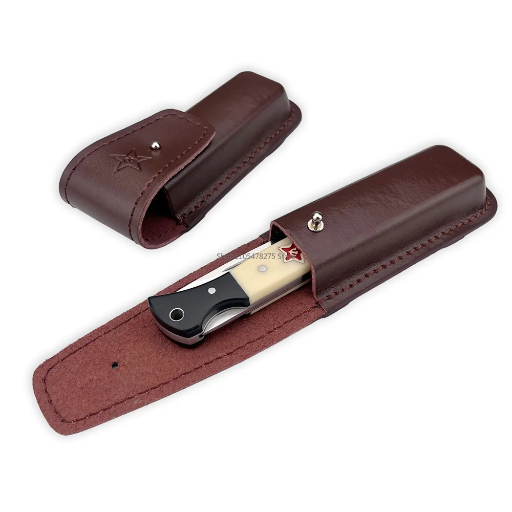 1PC Premium Leather Sheath Fit NKVD Folding Knife Wear Resistant Protective Cover with Snap Button Belt Loop Portable Carry Case