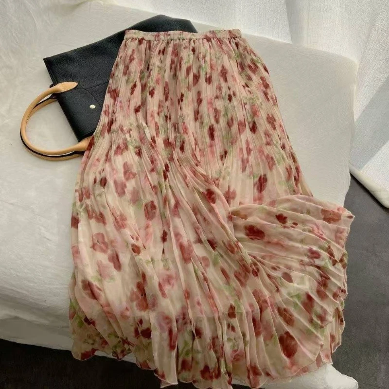 French Style Women Stretchy High Waisted Floral Pattern Printed Chiffon Skirt , Woman Middle Length Korean Plated Trumpet Skirts
