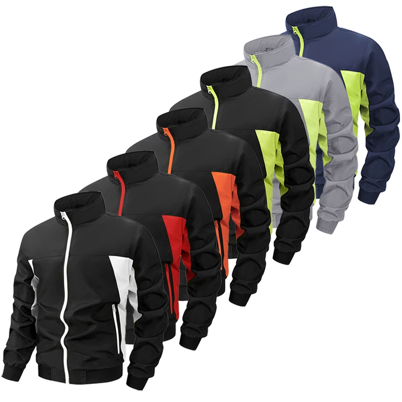 Men's Colorblock Patchwork Sports Jacket with Zipper Pockets Spring Fall Windproof Stand Collar Zip Up Coat Outwear Outfits Tops