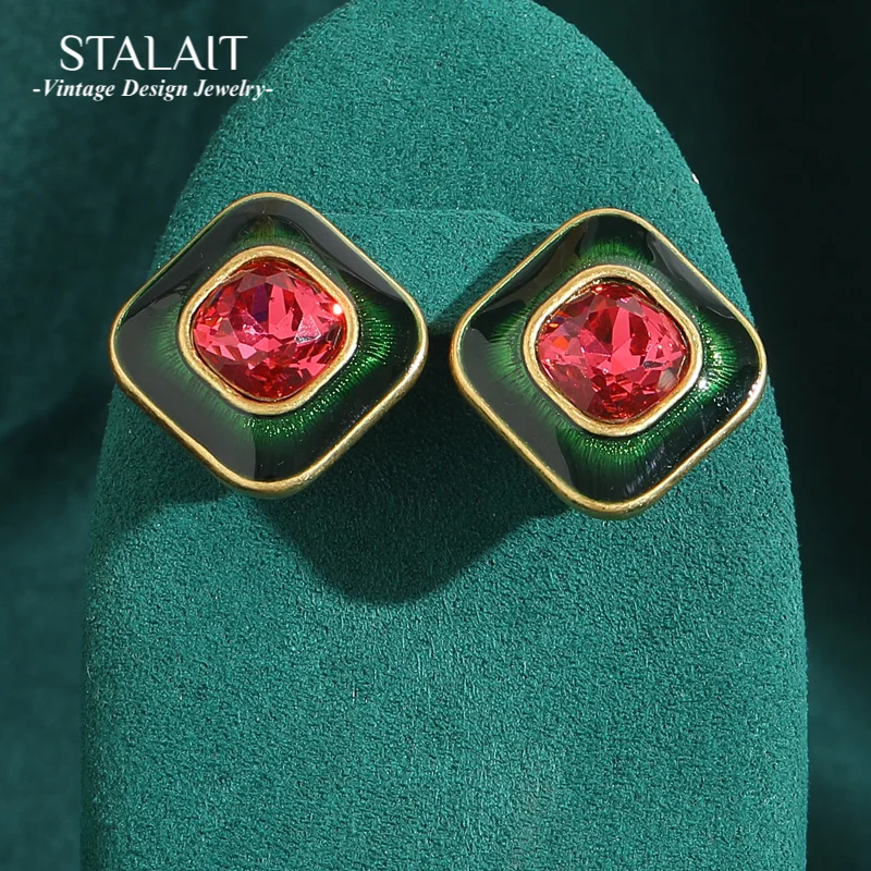Vintage Crystal Square stud earrings for women retro Modern Bohemian Green Enamel Sugar Pink Korean Ear Rings Jewelry 2024