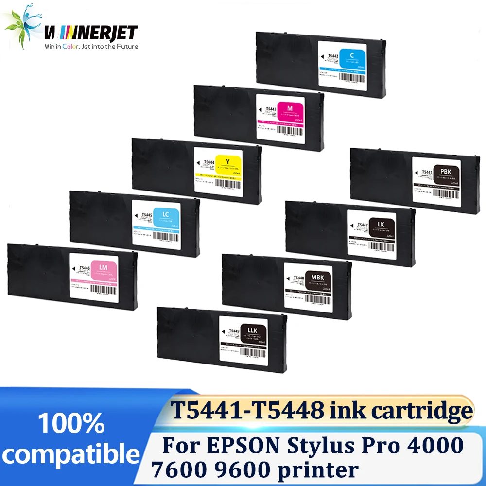 Cartucho de tinta Winnerjet T5441-T5448 com tinta pigmentada e chip para impressoras EPSON Stylus Pro 4600, 7600 e 9600.