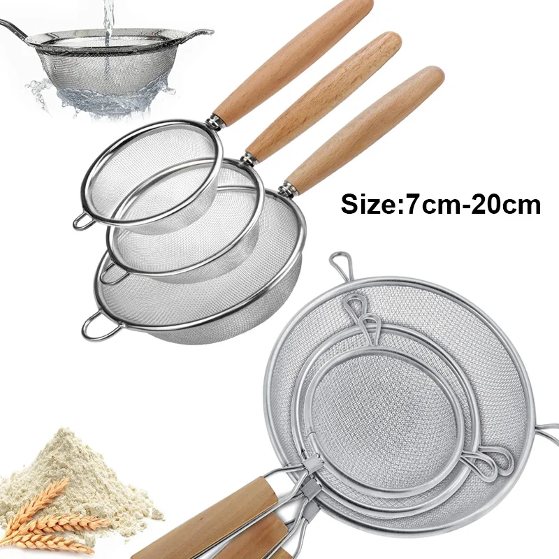 1-3pcs Stainless Steel Strainer Sieve With Wooden Handle Juice Egg Fine Mesh Filter Colanders Kitchen Food Residue Filtering