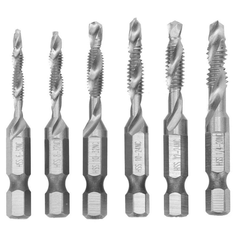 

6Pcs Taps HSS Hex Shank US Standard Screw Thread Combined Tapping Drill Bit Hand Tools