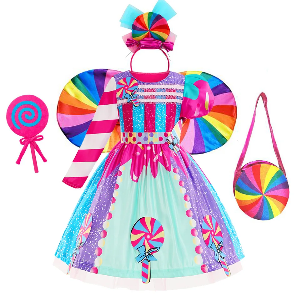 

Girls Purim Dress Lollipop Fantasy Dresses Children Carnival Rainbow Candy Princess Costume Birthday Party