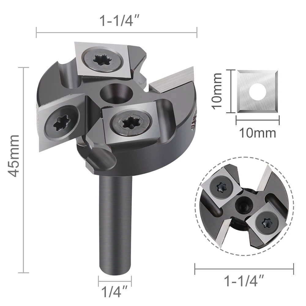 XUCHUAN CNC Spoilboard Surfacing Route Bit 1/4 Shank 4 Flute Wood Planer Bit Carbide Insert Slab Face Mill for MDF Plywood