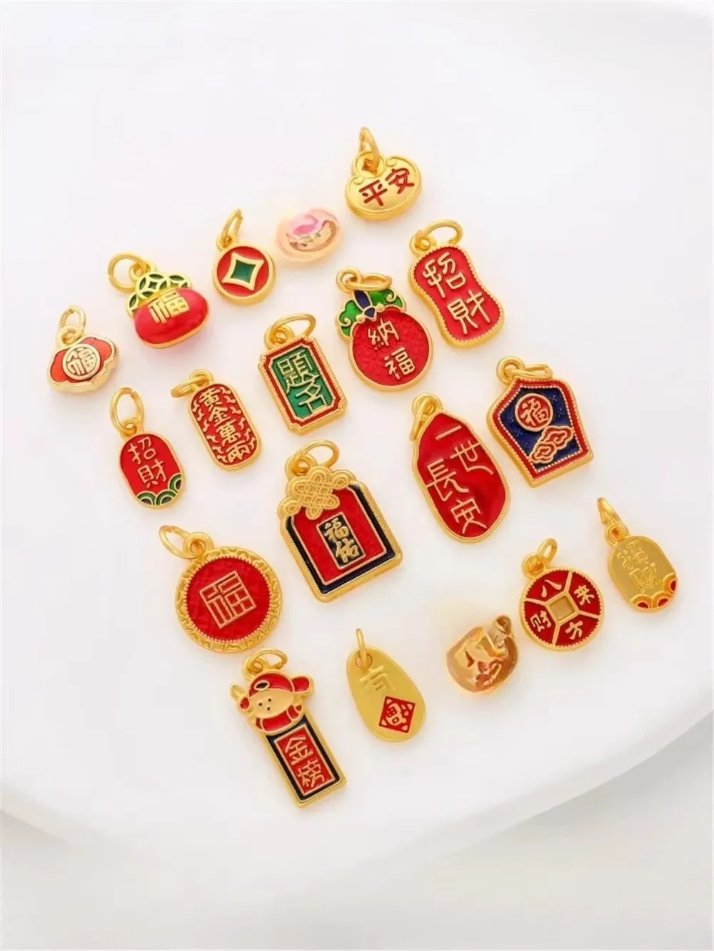 Chinese Guochao Dripping Oil Burning Blue Blessing Character Lucky Jifu Brand Pendant DIY Bracelet Necklace Accessories