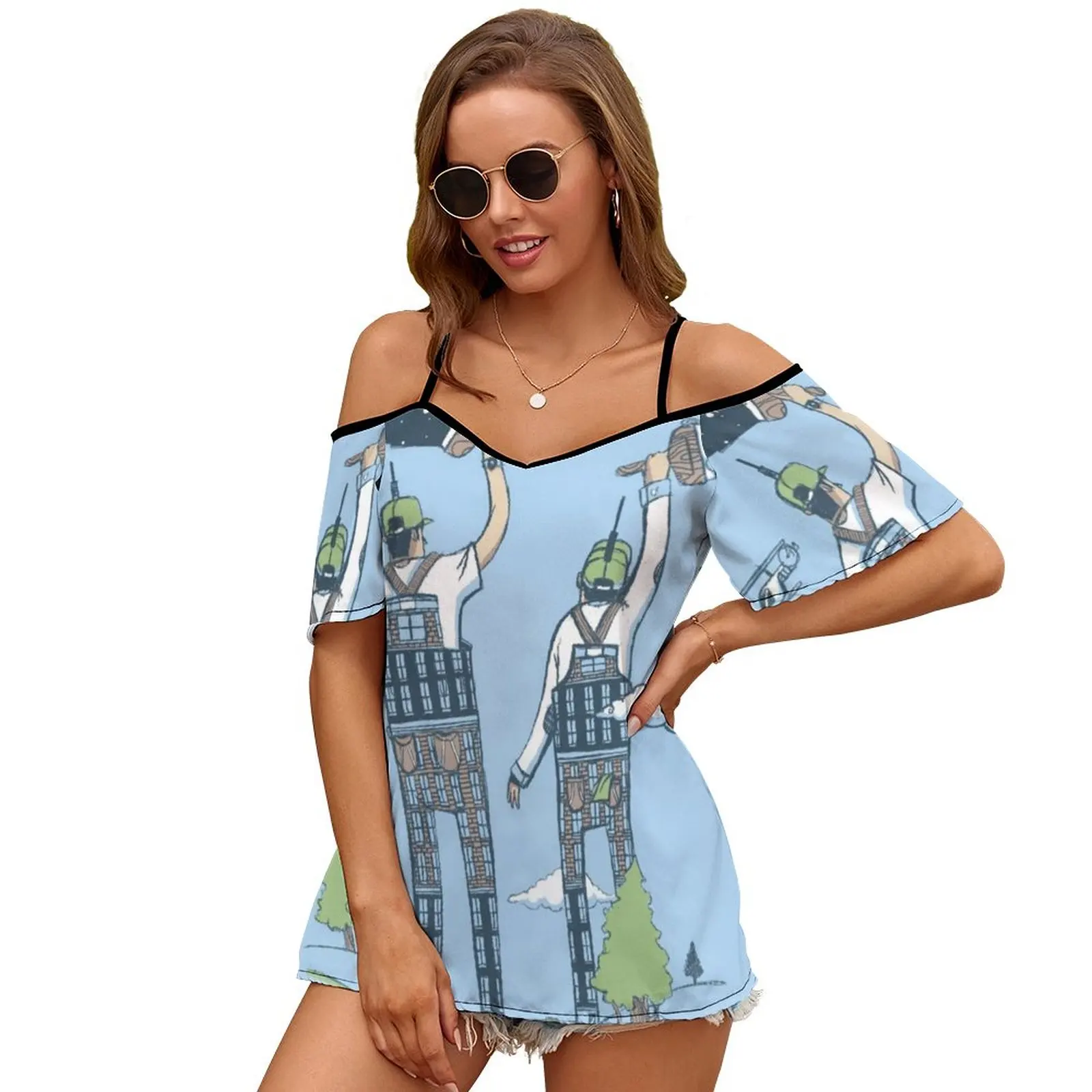 The Skyscrapers Sexy And Club Fashion Female T-Shirt Short Sleeve Off Shoulder Lady T Shirts Whimsy Fantasy Sky Skies