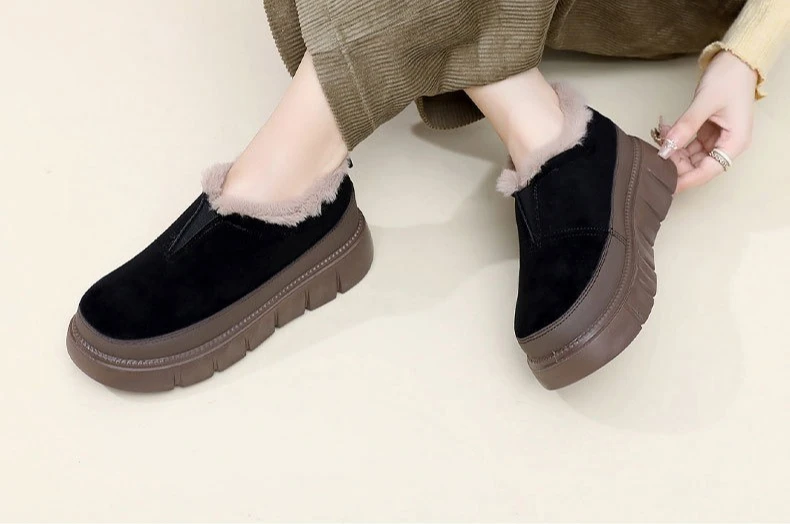 Damen Winter Warme Plüschgefütterte Schneeschuhe Wildleder-Obermaterial Reißverschluss Dicke Plattform Rutschfeste Lässige Knöchelhohe Baumwollstiefel – Detail 16