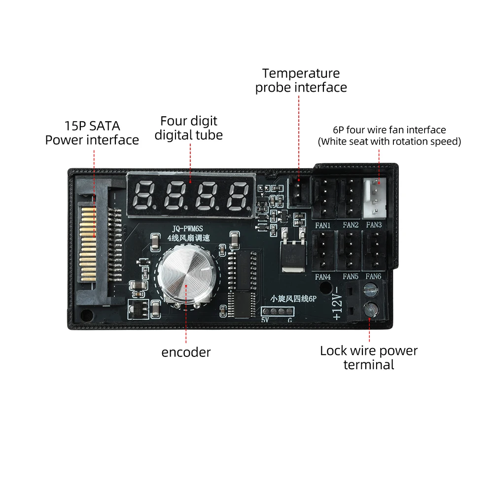 6-Kanal-PWM-Lüftersteuerung 12V 5A mit Digitalanzeige für PC-Kühlung, temperaturgesteuertes Kühlsystem mit SATA-Stromversorgung – Detail 10