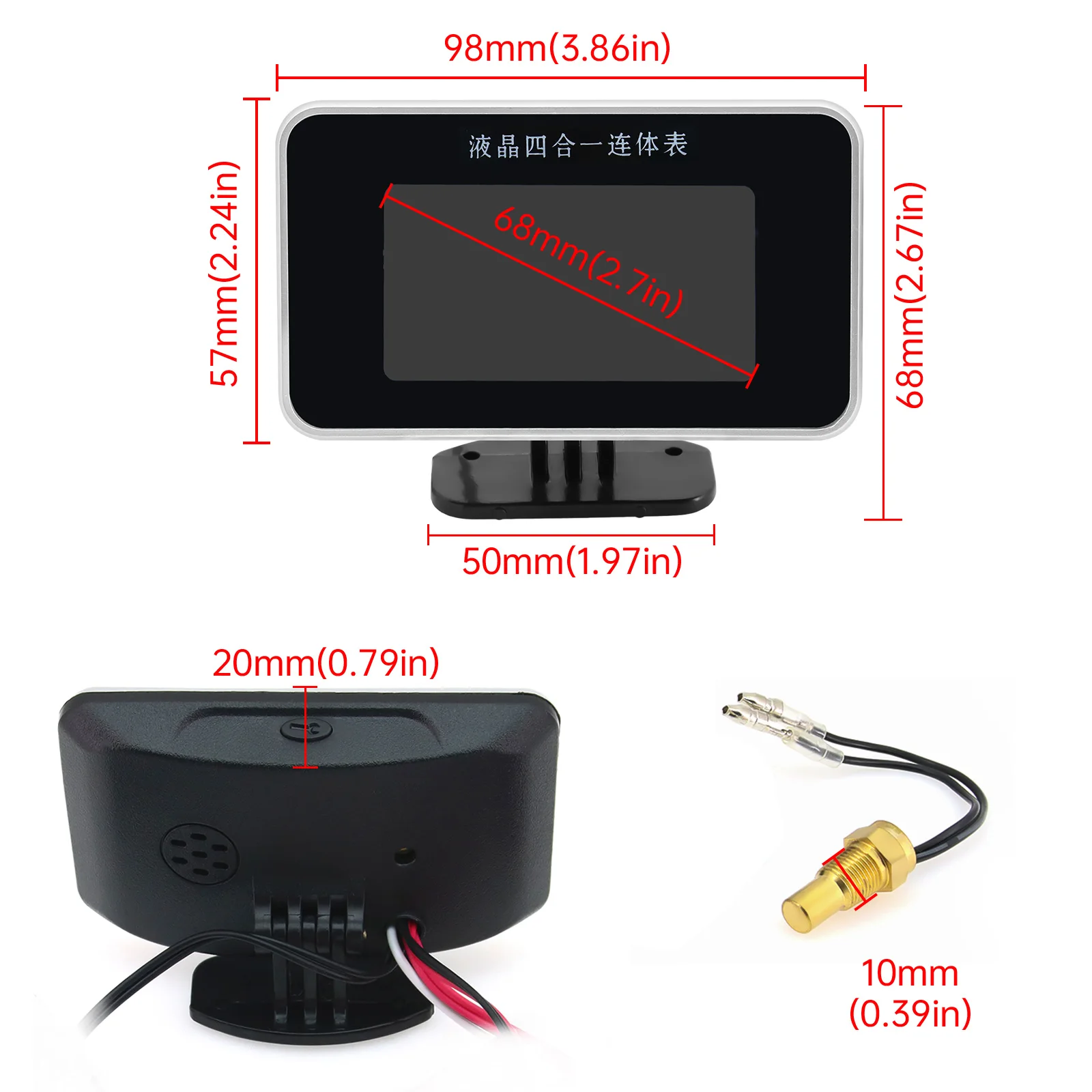 4in1 LCD car digital gauge oil pressure gauge sensor 1/8 npt voltage fuel water temp meter M10 temperature sensors 10mm 12V 24V