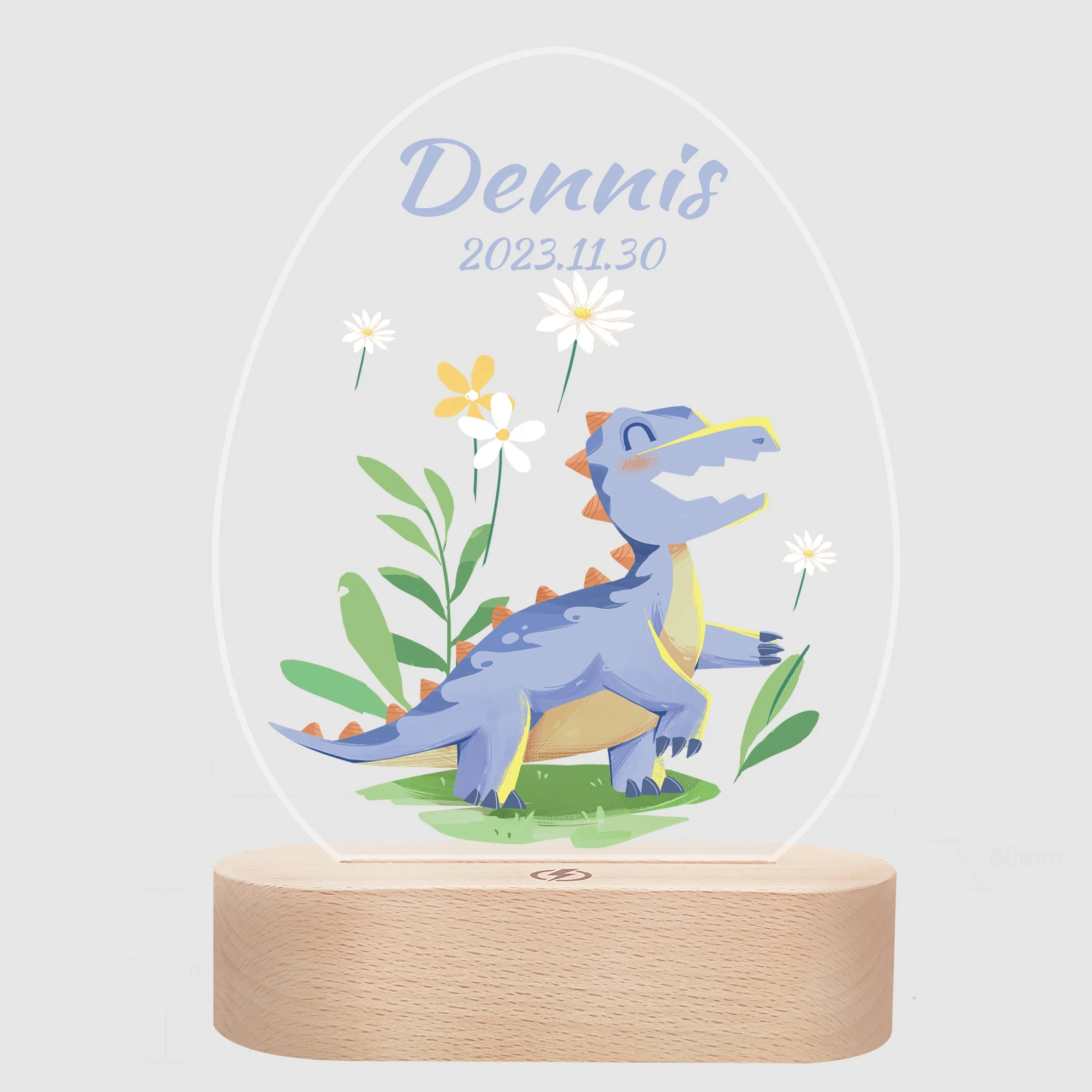 

Personalized Baby Birth Night Light Custom Name dinosaur Animal Elephant with USB Wood Base Lamp for Bedroom Table Rainbow Deco