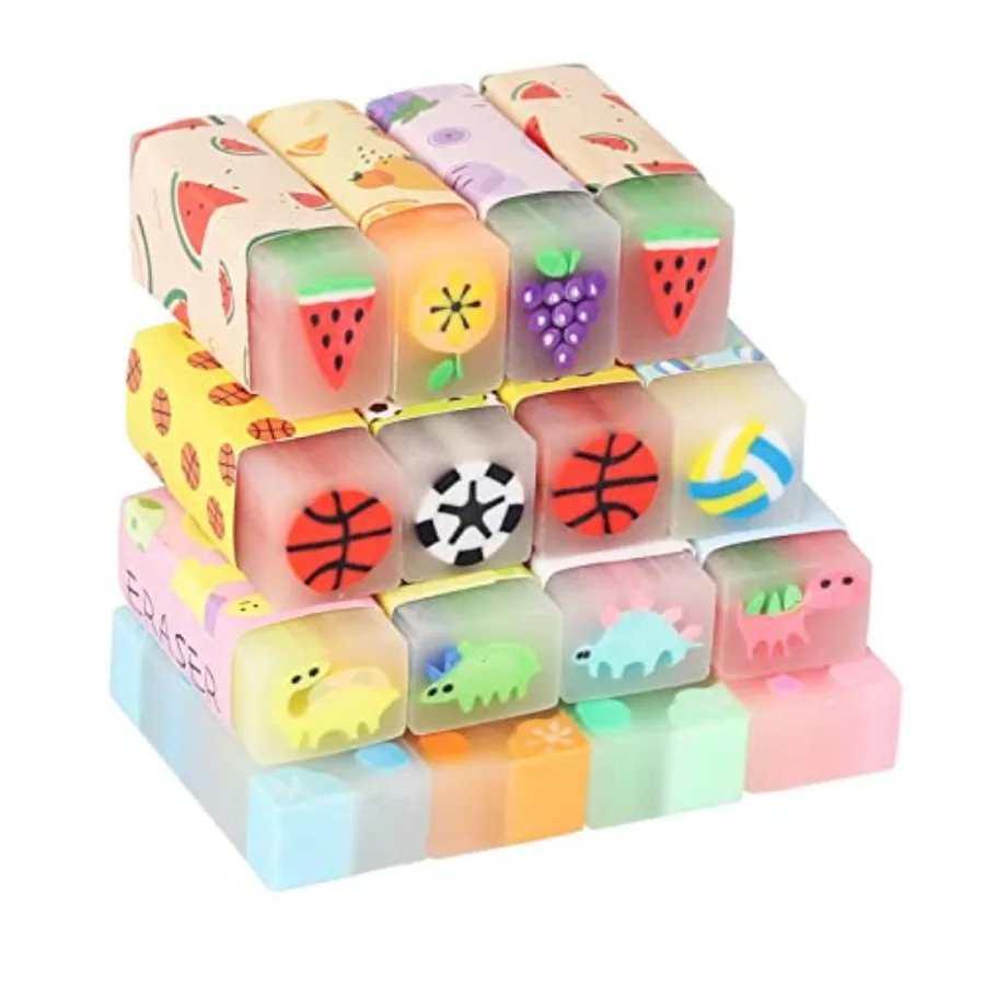 

Cute Erasers for Bulk 16 Pack Animal Food Fun Desk Pets Pencil Students School Supplies Prize Gts Party Favors