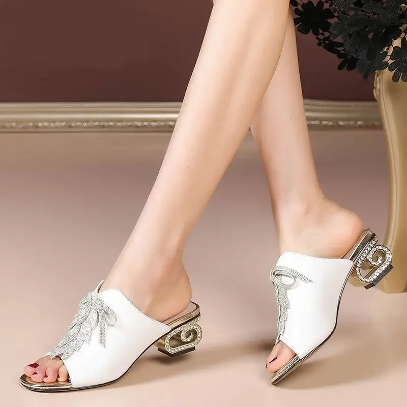 2024 New Design Women Rhinestone Leaf Slippers,Strange Heel Summer Shoes Slides,Peep Toe,White,Black,Dropship