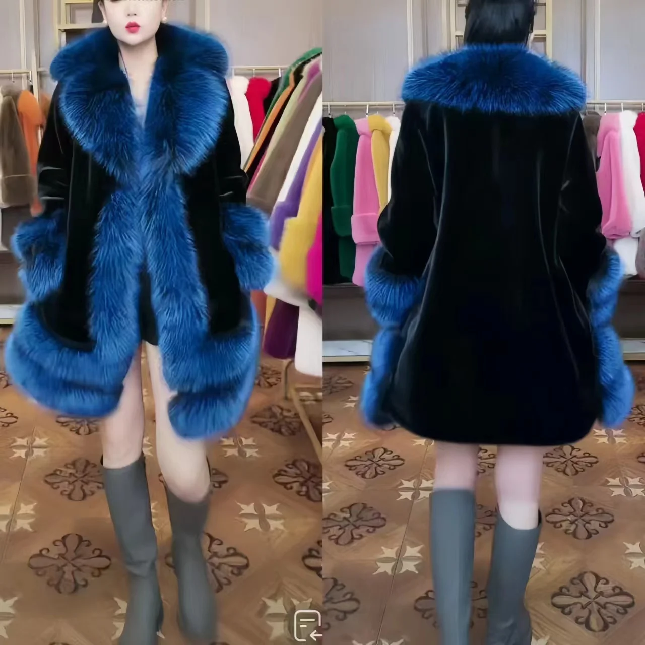 Faux Fur Coat for Women,Fox Fur Collar Jacket,Thick Warm Clothes,Covered Button,Spliced,Autumn and Winter, 2024