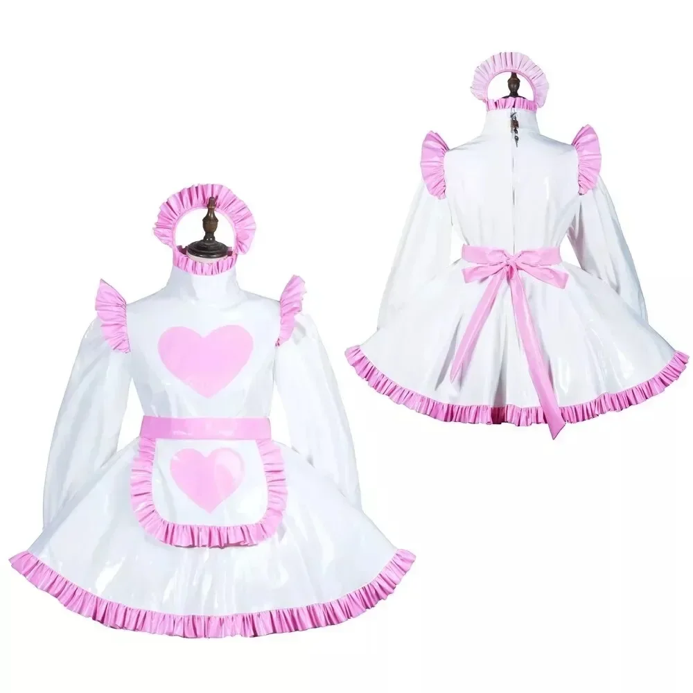 

Sexy Sissy White PVC Lockable Dress Cute Maid Cosplay Customizable Christmas Costume for Women